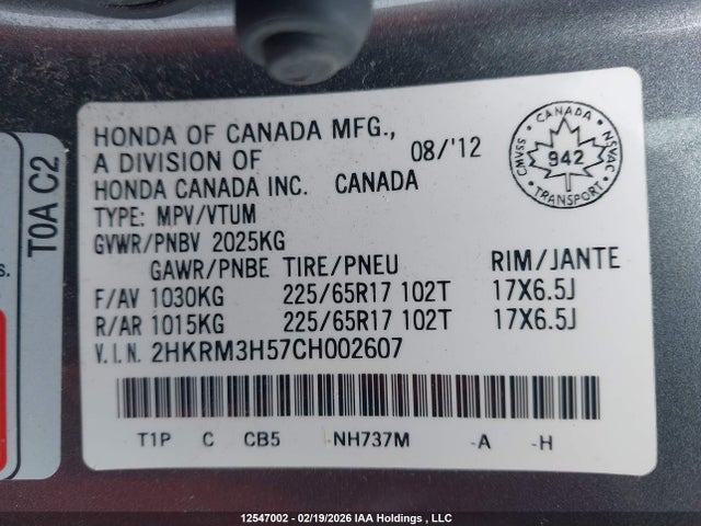 Продажа на аукционе авто 2012 Honda Cr-v Ex, vin: 2HKRM3H57CH002607, номер лота: 12547002