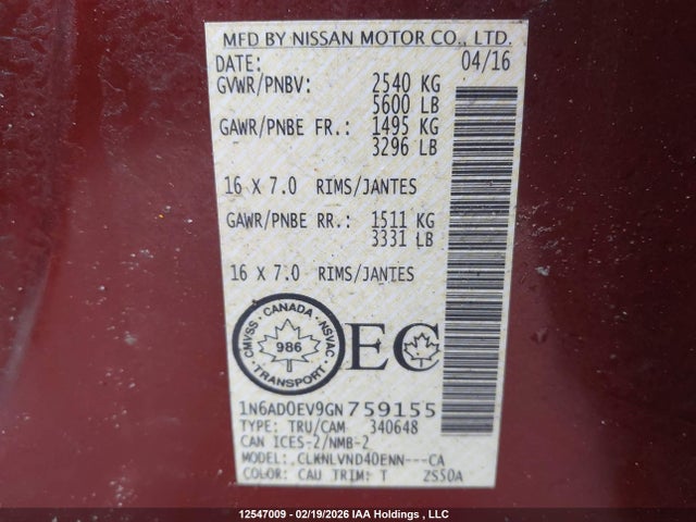 12547009 :رقم المزاد ، 1N6AD0EV9GN759155 vin ، 2016 Nissan Frontier Pro-4x مزاد بيع