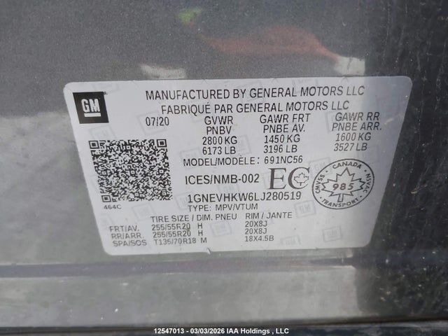 1GNEVHKW6LJ280519 Chevrolet Traverse 3lt