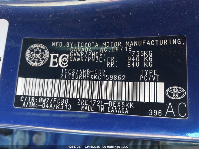 Продажа на аукционе авто 2019 Toyota Corolla L/le/xle/se/xse, vin: 2T1BURHEXKC159862, номер лота: 12547027
