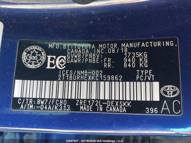 Продажа на аукционе авто 2019 Toyota Corolla L/le/xle/se/xse, vin: 2T1BURHEXKC159862, номер лота: 12547027