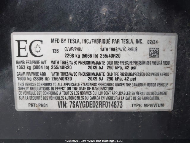 7SAYGDED2RF014873 Tesla Model Y