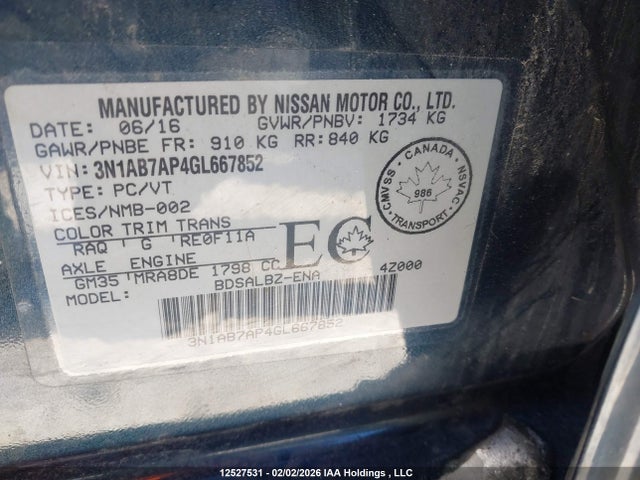 3N1AB7AP4GL667852 Nissan Sentra 1.8 S/1.8 Sl/1.8 Sr/1.8 Sv