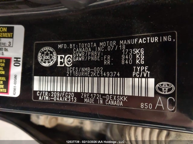 2T1BURHE2KC149374 Toyota COROLLA SE