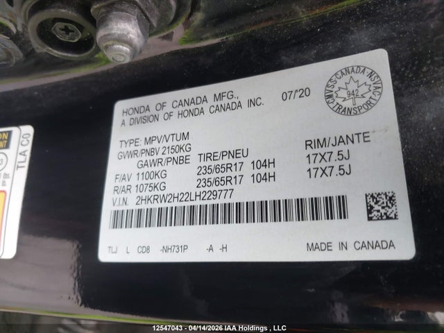 2HKRW2H22LH229777 Honda CR-V LX