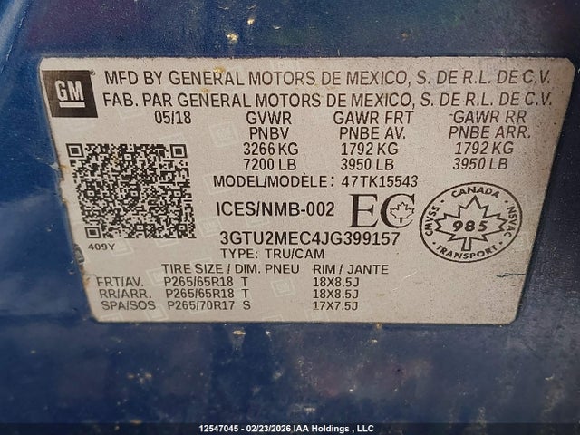 Aukcja sprzedaży 2018 Gmc Sierra 1500, vin: 3GTU2MEC4JG399157, numer aukcji: 12547045