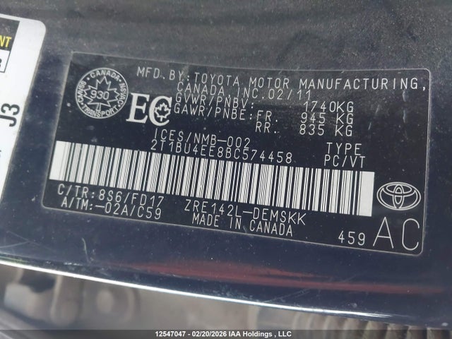 12547047 :رقم المزاد ، 2T1BU4EE8BC574458 vin ، 2011 Toyota Corolla S/le مزاد بيع