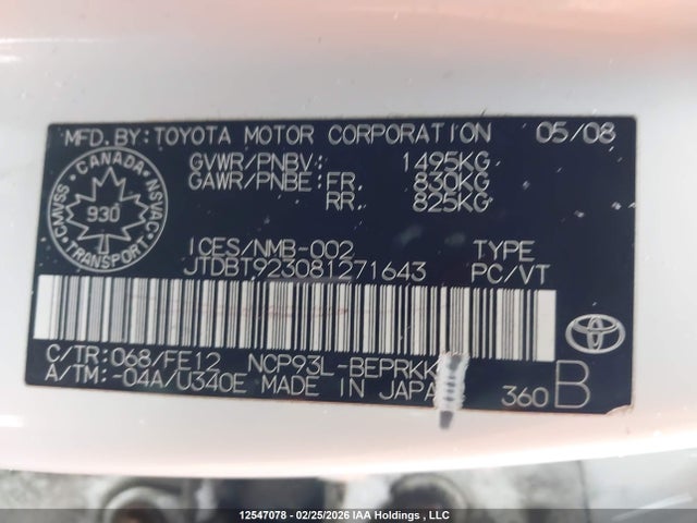 Aukcja sprzedaży 2008 Toyota Yaris, vin: JTDBT923081271643, numer aukcji: 12547078
