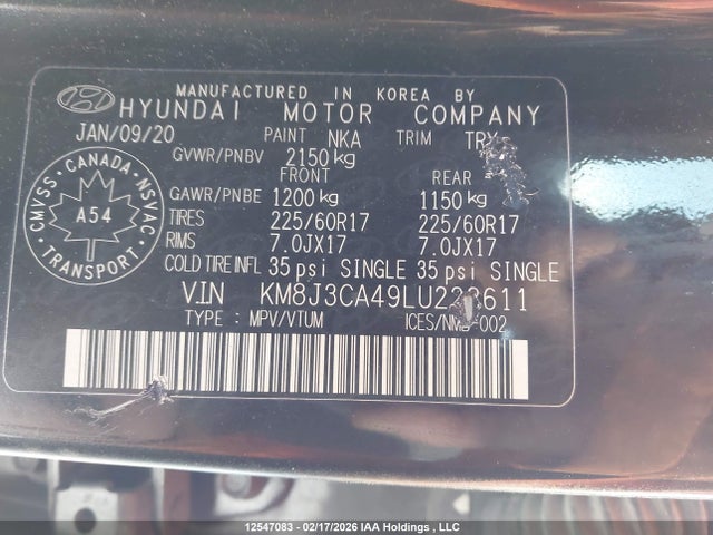 12547083 :رقم المزاد ، KM8J3CA49LU222611 vin ، 2020 Hyundai Tucson Limited/sel/sport/ultimate/value مزاد بيع