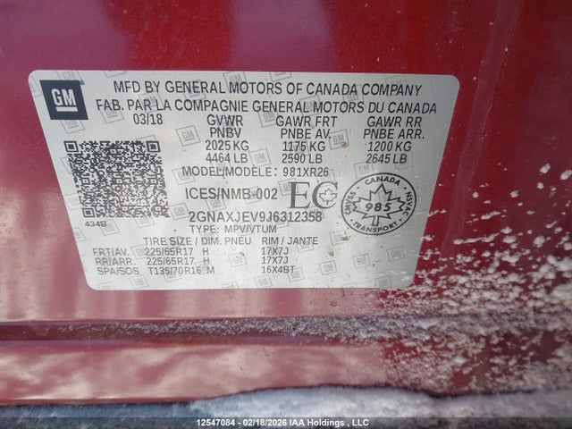 12547084 :رقم المزاد ، 2GNAXJEV9J6312358 vin ، 2018 Chevrolet Equinox Lt مزاد بيع