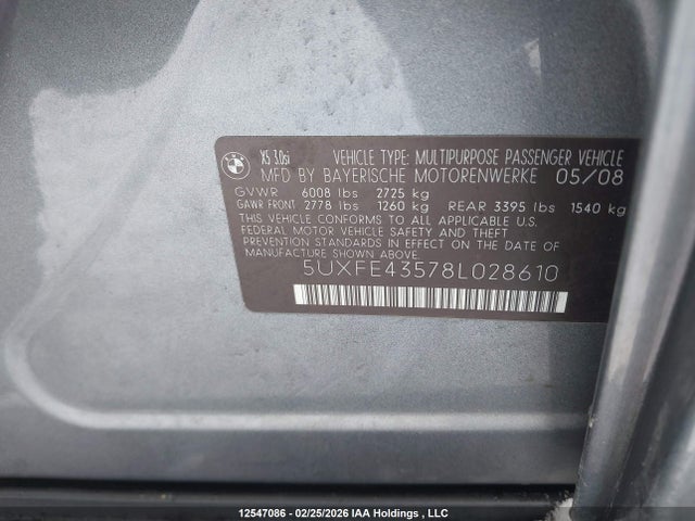 2008 Bmw X5 მანქანა იყიდება აუქციონზე, vin: 5UXFE43578L028610, აუქციონის ნომერი: 12547086