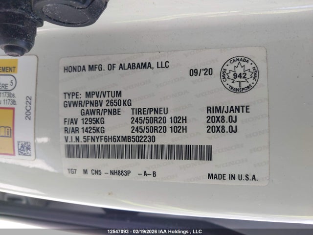 5FNYF6H6XMB502230 Honda Pilot Touring