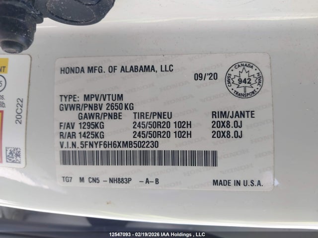 5FNYF6H6XMB502230 Honda Pilot Touring