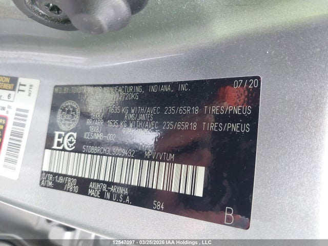 Aukcja sprzedaży 2020 Toyota Highlander, vin: 5TDBBRCH3LS009432, numer aukcji: 12547097