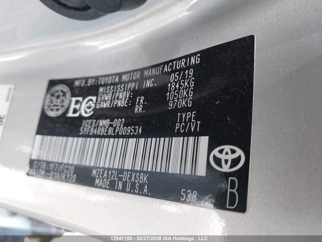 Продаж на аукціоні авто 2020 Toyota Corolla Se, vin: 5YFB4RBE8LP009534, номер лоту: 12547100