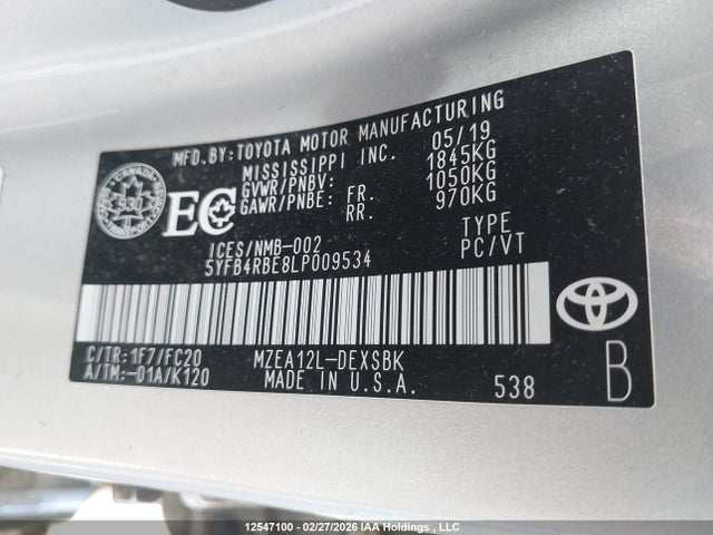 Продаж на аукціоні авто 2020 Toyota Corolla Se, vin: 5YFB4RBE8LP009534, номер лоту: 12547100