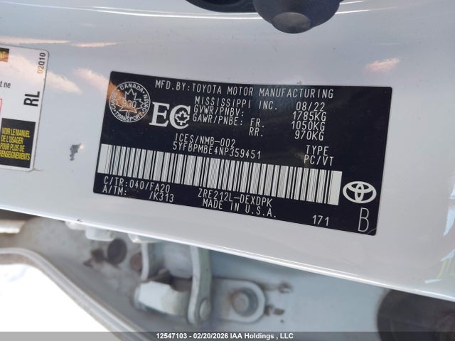 12547103 :رقم المزاد ، 5YFBPMBE4NP359451 vin ، 2022 Toyota Corolla Le/xle مزاد بيع
