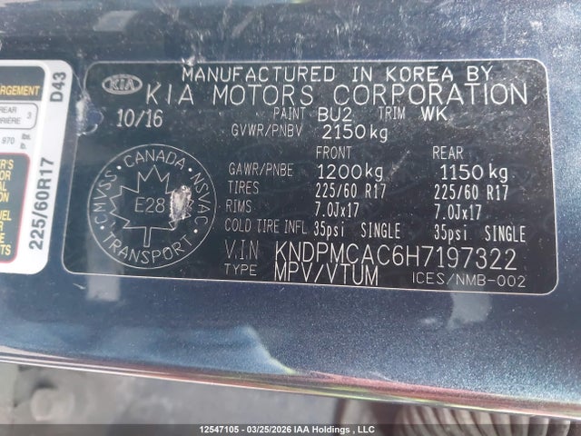 12547105 :رقم المزاد ، KNDPMCAC6H7197322 vin ، 2017 Kia Sportage مزاد بيع