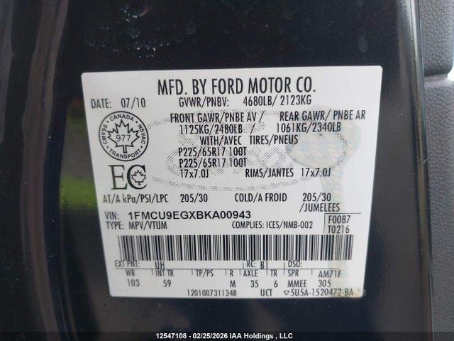 12547108 :رقم المزاد ، 1FMCU9EGXBKA00943 vin ، 2011 Ford Escape Limited مزاد بيع