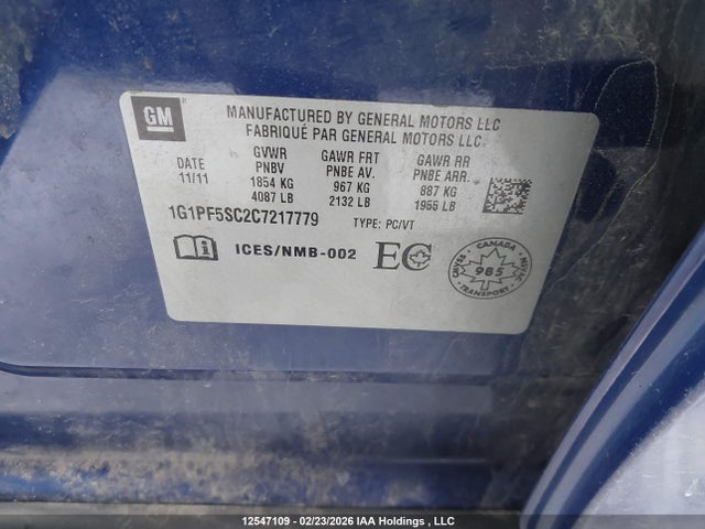 12547109 :رقم المزاد ، 1G1PF5SC2C7217779 vin ، 2012 Chevrolet Cruze Lt مزاد بيع