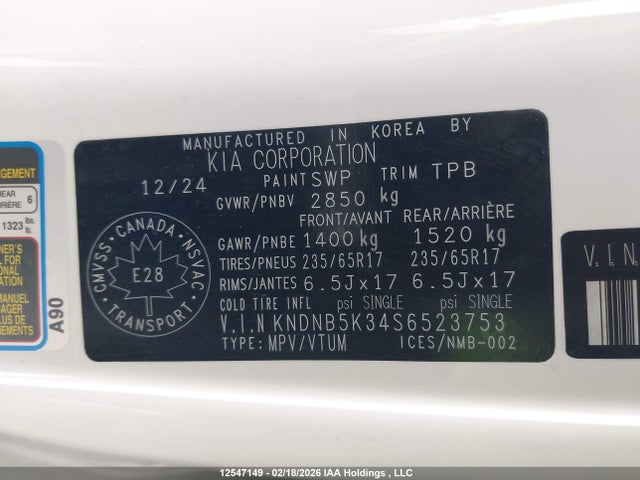 12547149 :رقم المزاد ، KNDNB5K34S6523753 vin ، 2025 Kia Carnival Lx/lxs مزاد بيع