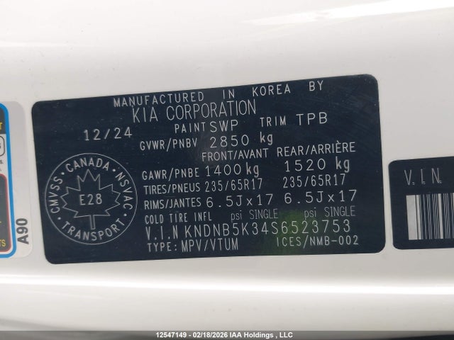 12547149 :رقم المزاد ، KNDNB5K34S6523753 vin ، 2025 Kia Carnival Lx/lxs مزاد بيع