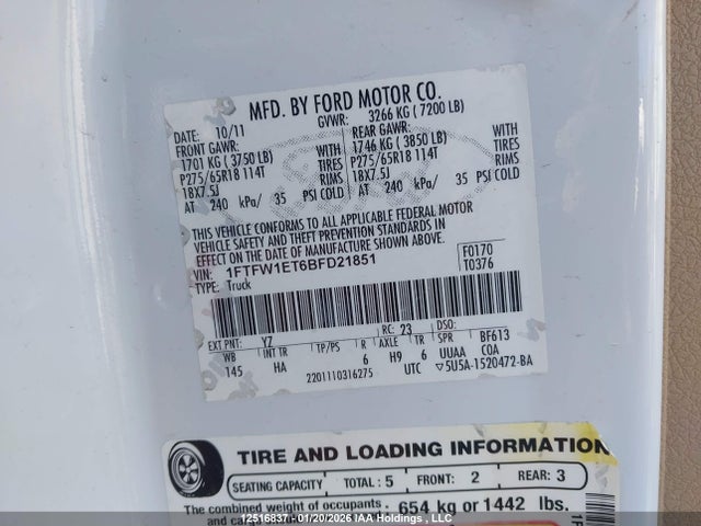 Aukcja sprzedaży 2011 Ford F-150 Lariat, vin: 1FTFW1ET6BFD21851, numer aukcji: 12516837