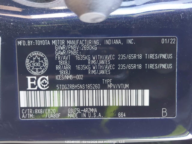 5TDGZRBH5NS185260 Toyota Highlander Xle