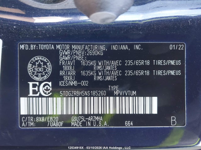 5TDGZRBH5NS185260 Toyota Highlander Xle