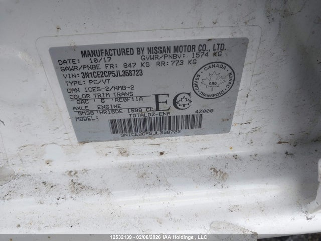 3N1CE2CP5JL358723 Nissan Versa Note 1.6 S/1.6 Sr/1.6 Sv
