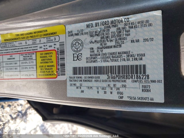 12547191 :رقم المزاد ، 3FA6P0HR8DR186228 vin ، 2013 Ford Fusion Se مزاد بيع