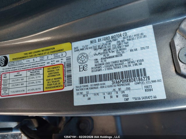 12547191 :رقم المزاد ، 3FA6P0HR8DR186228 vin ، 2013 Ford Fusion Se مزاد بيع