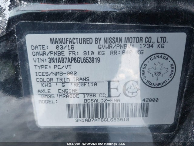 3N1AB7AP6GL653919 Nissan Sentra 1.8 S/1.8 Sl/1.8 Sr/1.8 Sv