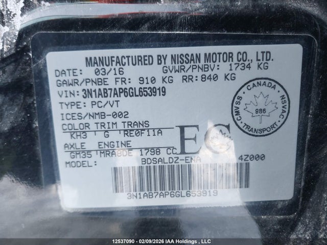 3N1AB7AP6GL653919 Nissan Sentra 1.8 S/1.8 Sl/1.8 Sr/1.8 Sv