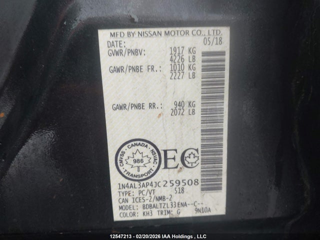 1N4AL3AP4JC259508 Nissan Altima 2.5 S/2.5 Sl Tech/2.5 Sv