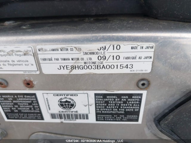 12547244 :رقم المزاد ، JYE8HG003BA001543 vin ، 2011 Yamaha  مزاد بيع