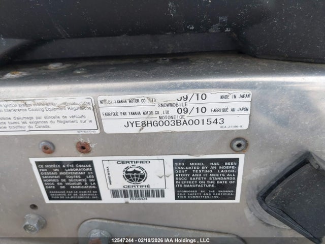 12547244 :رقم المزاد ، JYE8HG003BA001543 vin ، 2011 Yamaha  مزاد بيع