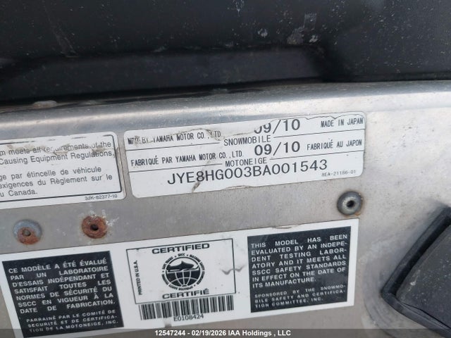 12547244 :رقم المزاد ، JYE8HG003BA001543 vin ، 2011 Yamaha  مزاد بيع