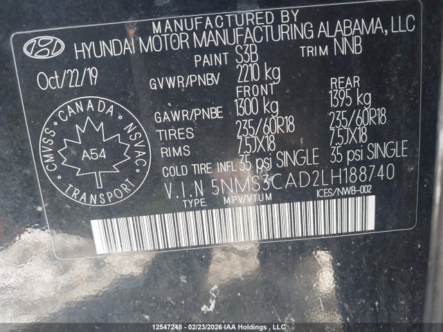 12547248 :رقم المزاد ، 5NMS3CAD2LH188740 vin ، 2020 Hyundai Santa Fe Sel/sel Plus مزاد بيع