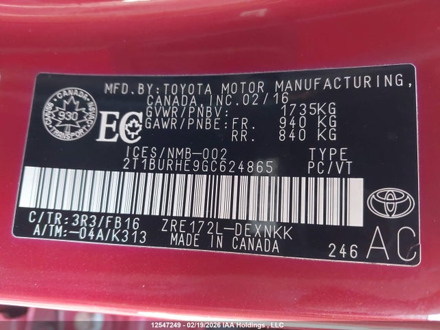 2T1BURHE9GC624865 Toyota COROLLA LE
