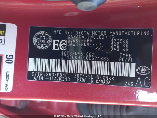 2T1BURHE9GC624865 Toyota COROLLA LE