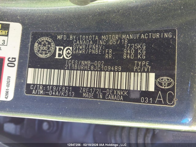 2T1BURHE8JC109489 Toyota COROLLA LE