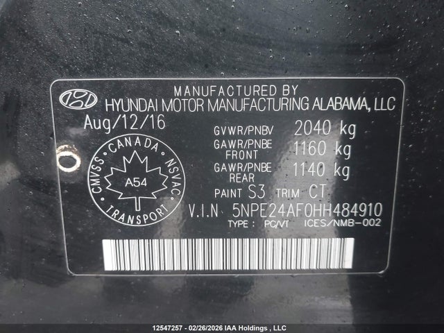 5NPE24AF0HH484910 Hyundai SONATA GLS