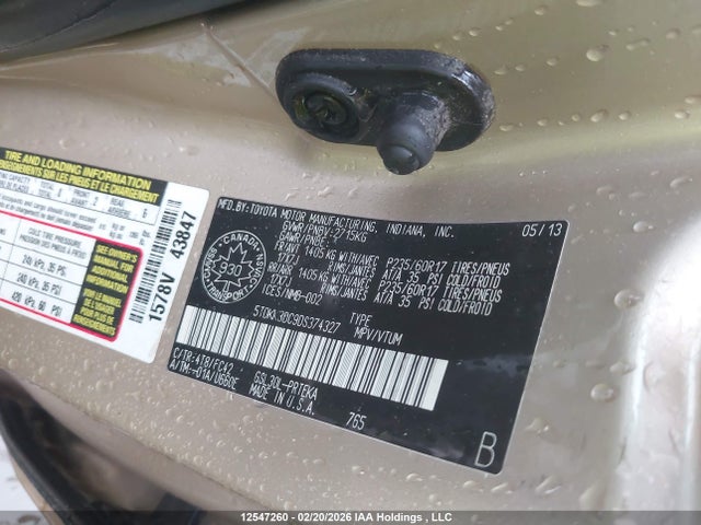 12547260 :رقم المزاد ، 5TDKK3DC9DS374327 vin ، 2013 Toyota Sienna Le مزاد بيع