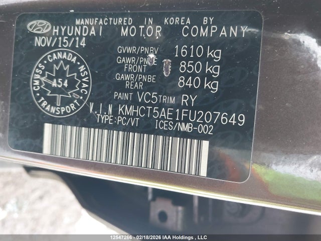 12547266 :رقم المزاد ، KMHCT5AE1FU207649 vin ، 2015 Hyundai Accent Gs مزاد بيع