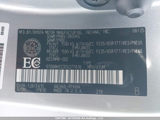 12547268 :رقم المزاد ، 5TDGRKEC3SS277616 vin ، 2025 Toyota Sienna Xle 8-passenger مزاد بيع
