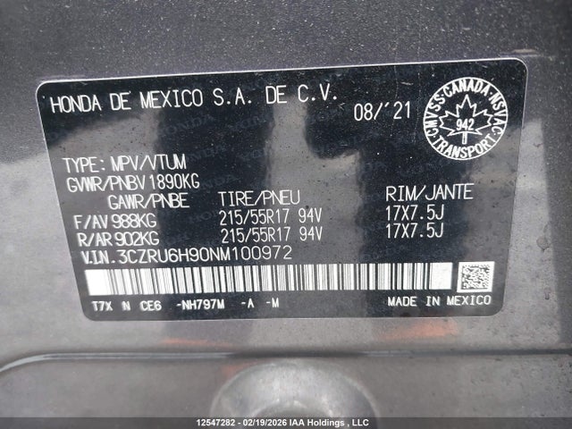 3CZRU6H90NM100972 Honda Hr-v Touring