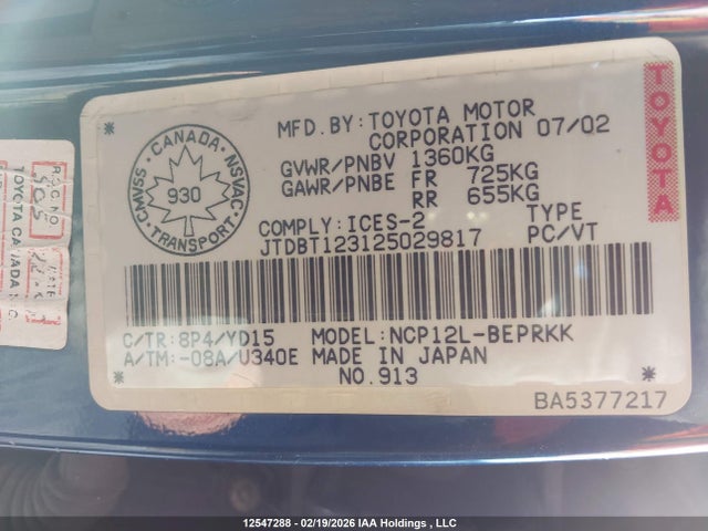 Продаж на аукціоні авто 2002 Toyota Echo, vin: JTDBT123125029817, номер лоту: 12547288