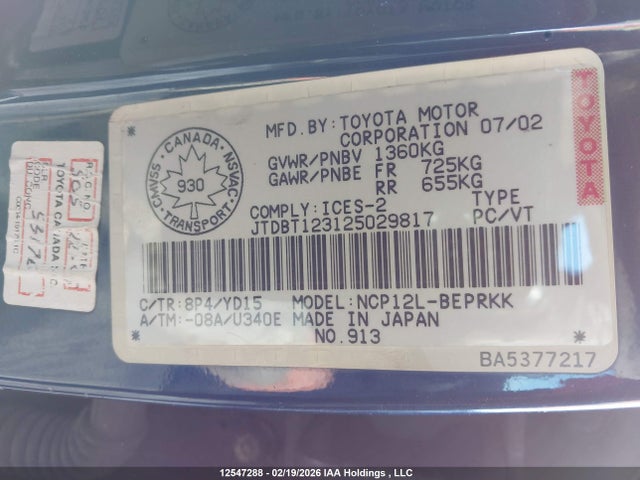 Продаж на аукціоні авто 2002 Toyota Echo, vin: JTDBT123125029817, номер лоту: 12547288