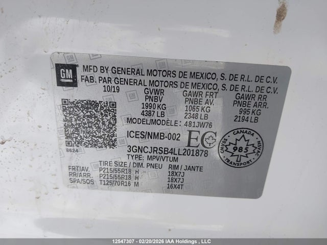 Aukcja sprzedaży 2020 Chevrolet Trax Premier, vin: 3GNCJRSB4LL201878, numer aukcji: 12547307